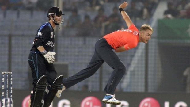 Fine with a chance of lightning: Stuart Broad lets fly during the narrow defeat to New Zealand.