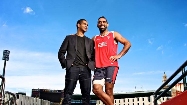 Friendly rivalry &#8230; Sydney's Adam Goodes and Michael O'Loughlin, whose club appearance record Goodes will break against Hawthorn when he runs out in his 304th game for the Swans, pictured at the SCG yesterday.