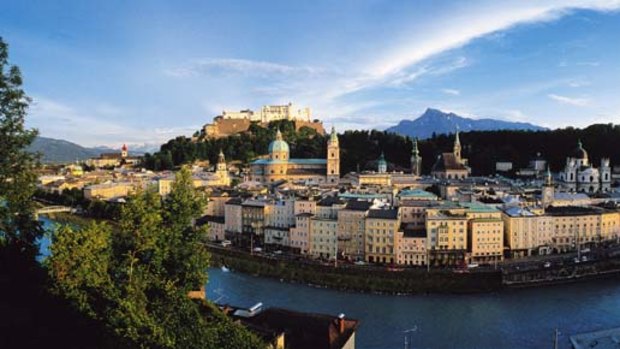 High on a hill ... a panoramic view of Salzburg on the banks of the Salzach River at the northern boundary of the Alps.