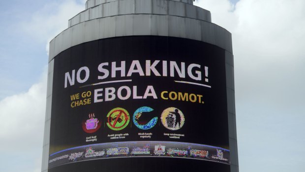 Sign of confidence: An electronic information board on Ebola in Lagos states in pidgin English "No Shaking! We go chase Ebola Comot", which means "No cause for worry, we will chase Ebola away".  
