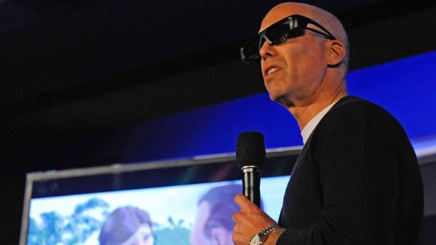 CEO of DreamWorks Animation Jeffrey Katzenberg wears 3D glasses during a Samsung press event.