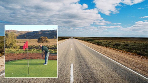 The bush meets the green ... The Nullarbor Links golf course (inset) on the Nullarbor Plain.