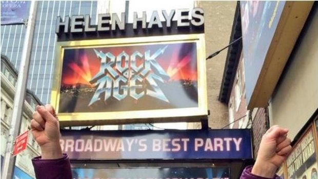 Randi Zuckerberg outside a billboard for the Broadway show ''Rock of Ages'' where she played Regina.
