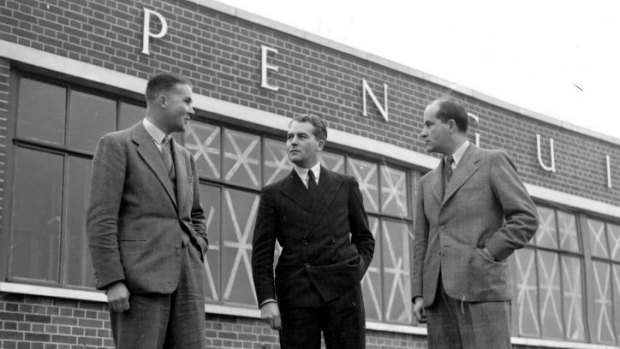 Richard Lane (left), Sir Allen Lane and John Lane outside the Penguin Books head office in Harmandsworth.  