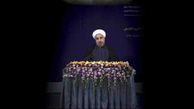 Conciliatory: Iranian President Hassan Rohani speaks at his first press conference since taking office.
