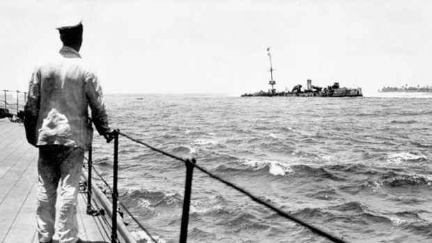 Run aground: The stricken German raider Emden from the deck of HMAS Sydney.