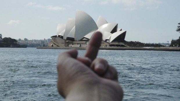 From Ai Wei Wei's series </i>Study of Perspective</i> outside the Sydney Harbour Bridge.