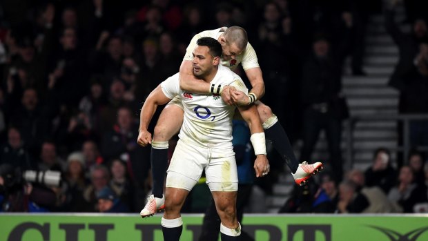 Impact player: Former NRL star Ben Te'o celebrates a try for England.