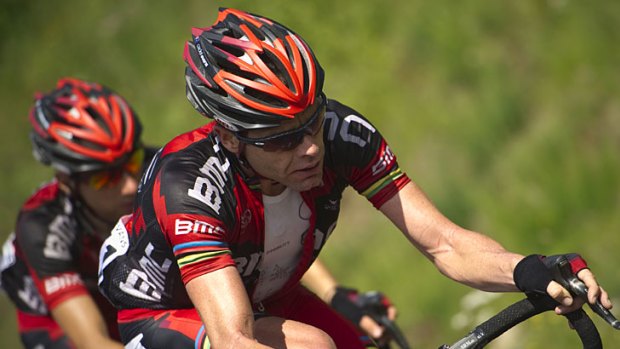 Not looking back ... Cadel Evans rides in the ninth stage of the Tour de France.