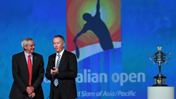 Tennis Australia director Craig Tiley (right) interviews former tennis player Roy Emerson during the launch of the 2012 Australian Open.