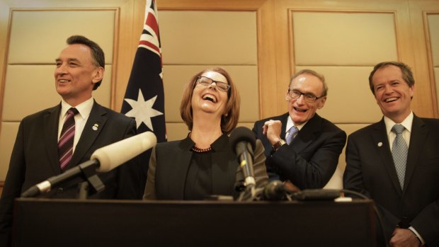 Then prime minister Julia Gillard with ministers Craig Emerson Senator Bob Carr and Bill Shorten in 2013. Photo: Andrew Meares