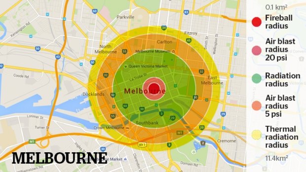 A representation of the Hiroshima Bomb damage if it fell on the Melbourne CBD.