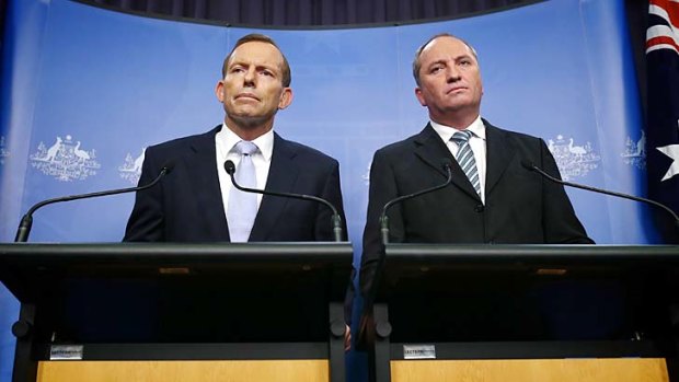 ''Akin to a natural disaster'': Prime Minister Tony Abbott and Agriculture Minister Barnaby Joyce announcing the drought package on Wednesday.