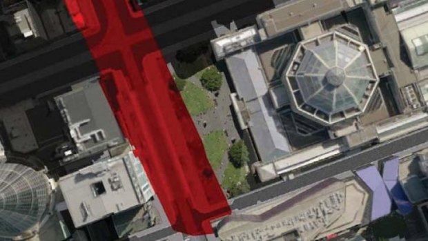 Melbourne City Council's forecast overshadowing of the State Library forecourt, based on original 77-level proposal.
