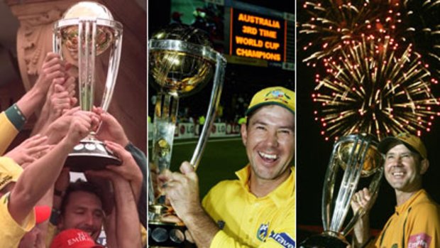 Collector . . . Ponting with the 1999, 2003 and 2007 World Cup.