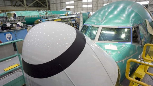 Boeing 737 airplanes under construction at the company's manufacturing facility in Renton, Washington.