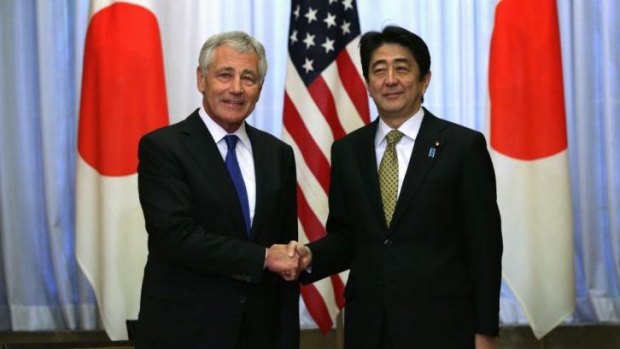 US Secretary of Defence Chuck Hagel with Japanese Prime Minister Shinzo Abe.