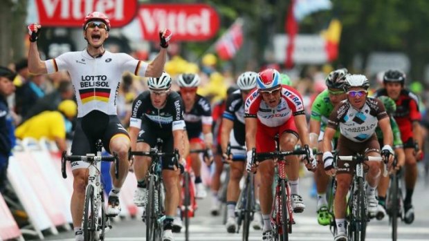 Andre Greipel of Germany and Lotto-Belisol celebrates winning stage six.