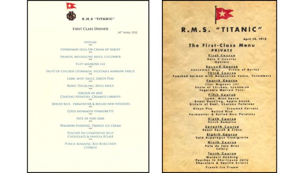 The original menu recovered from the Titanic, right, and Saturday night's recreation, left.