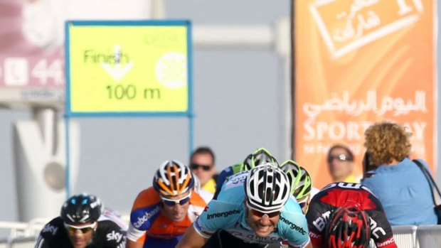 Bunch sprint ... Belgian Tom Boonen of team Omega Pharma-Quick Step wins the first stage of Tour of Qatar.