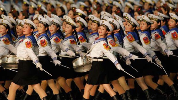 Dancers at celebrations in Pyongyang to mark the 65th anniversary of the establishment of the ruling Workers Party of Korea.