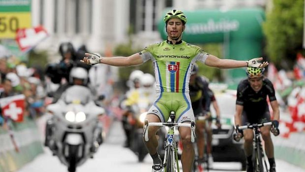 Peter Sagan of team Cannondale celebrates as he wins stage three of the Tour of Switzerland.
