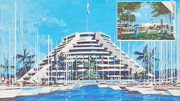 Images featured in promotional material from Brisbane's bid for the 1992 Olympic Games. The main image is of a proposed yacht marina.