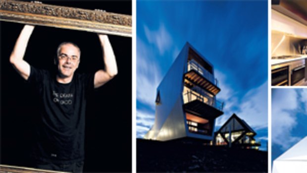 Challenging ... (from left) art patron David Walsh; Roy, one of four new pavilions at Moorilla; Roy's kitchen and living area (top); exterior detail (bottom).