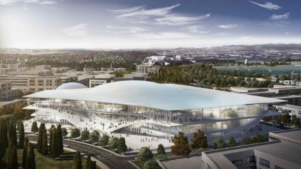 A 2015 artist's impression of the proposed convention centre, the Australia Forum, designed by Italian architect Massimiliano Fuksas. 