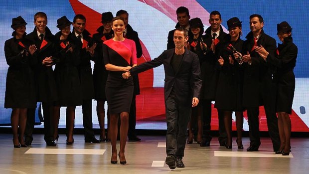 Martin Grant and model Miranda Kerr at the launch of the new Qantas uniform.