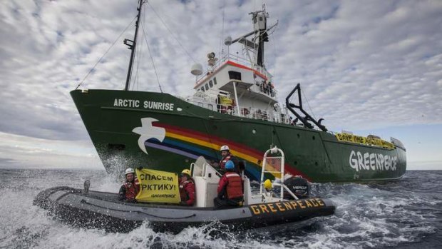 Greenpeace's icebreaker Arctic Sunrise enters the Northern Sea Route to protest against Russian oil drilling in the Arctic.