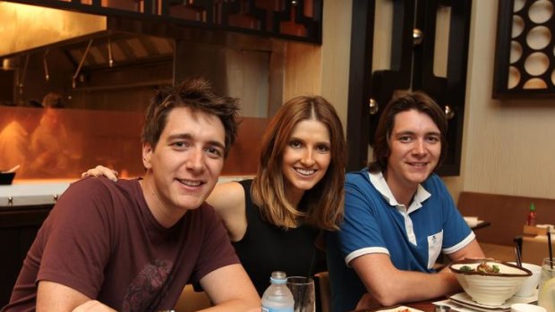 Double trouble ...  natural brunettes and Harry Potter stars Oliver (left) and James Phelps with Kate Waterhouse.
