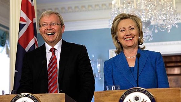 Australian Foreign Minister and US Secretary of State Hillary Clinton are all smiles at the State Department in Washington.