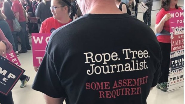 Photo of a 'Rope. Tree. Journalist.' T-shirt worn by a Trump supporter goes viral.