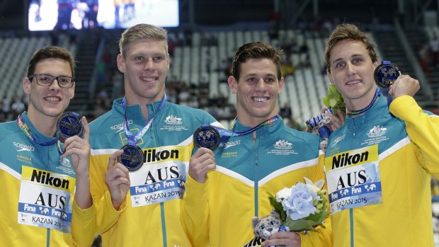 You got the silver: the Australian men's 4x100m medley relay team from left, Mitchell Larkin, Jake Packard, Jayden Hadler and Cameron McEvoy.