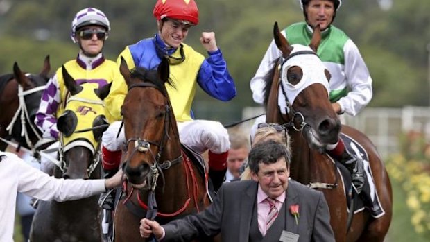 Horse and Ryder: Morgan Cahalan leads Craig Williams and Gordon Lord Byron back to scale after winning the George Ryder at Rosehill last month.