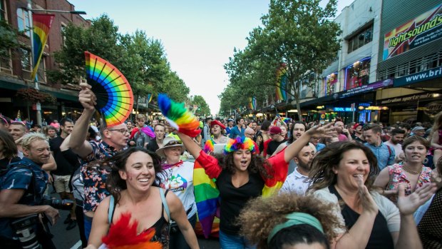 People celebrate the same-sex marriage vote result in Sydney.