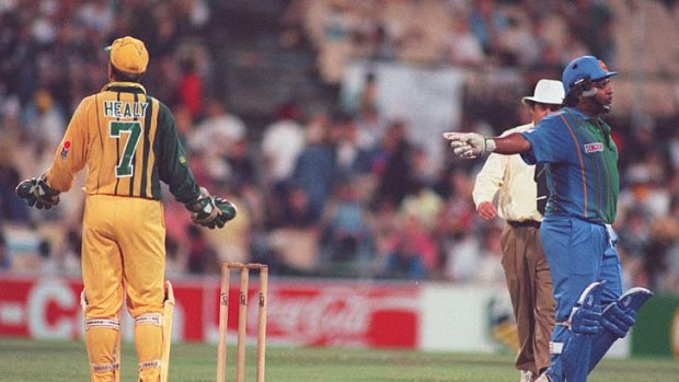 Run-in: Arjuna Ranatunga complains to umpires about Ian Healy at the SCG in 1996.
