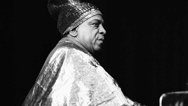 Sun Ra performs on stage with the Sun Ra Arkestra at Meervaart in Amsterdam in 1984.
