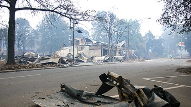 A fire-ravaged street in Marysville, as seen on Sunday, February 8.