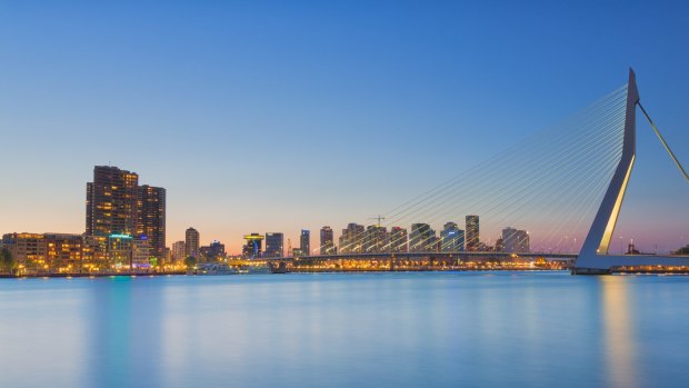 Rotterdam skyline at sunset.