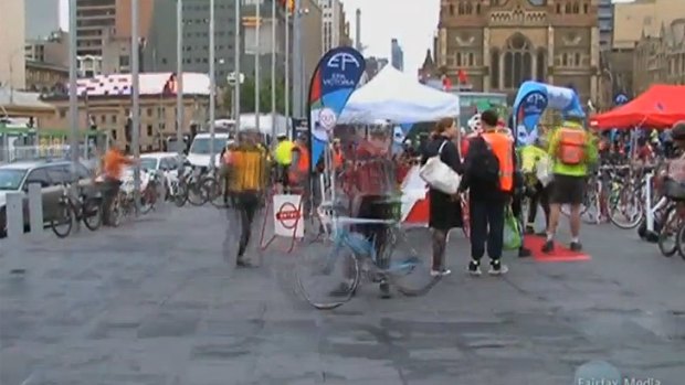 Riders gather at Federation Square for Ride to Work Day.
