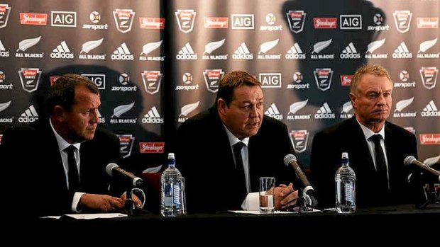 (From L to R) Assistant coach Ian Foster, head coach Steve Hansen, and selector Grant Fox announce the All Blacks squad.