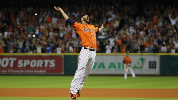 Rare feat:  Houston pitcher Mike Fiers celebrates after tossing a no-hitter.