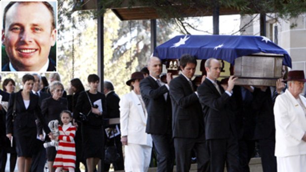 Mourned ... Craig Senger's sister, Cate, mother Joan and wife Kate follow the casket. Inset: Craig Senger