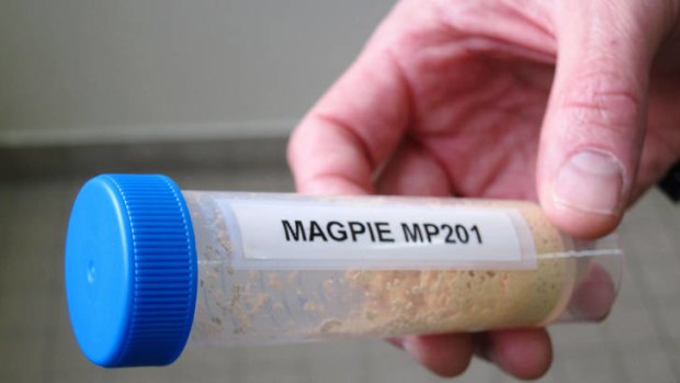 Steve van Zutphen (unseen), the Dutch co-founder of French start-up Magpie Polymer, holds a small tube containing resins able to catch gold, precious or toxic metals diluted in big quantities of water.