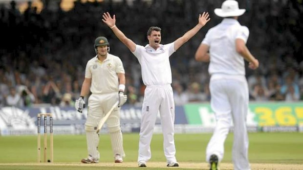 Seen that film before? Shane Watson is out lbw to James Anderson.