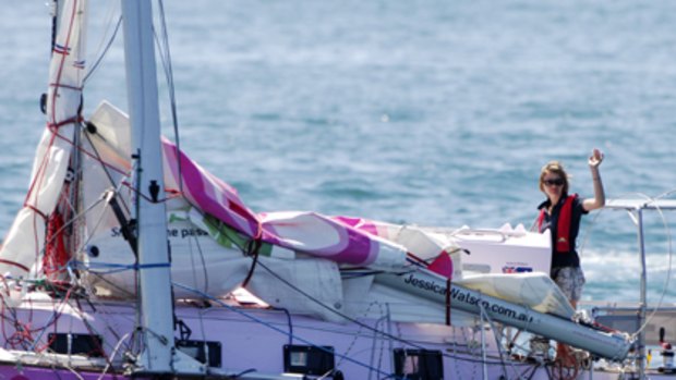 Jessica Watson on  her 12.23 metre yacht Ella's Pink Lady.