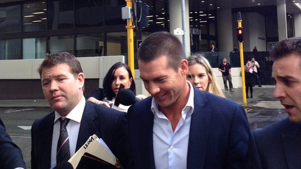 Ben Cousins faces the media scrum outside Perth Magistrates Court yesterday.