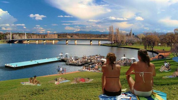 Concept for a floating public swimming pool & beach at Regatta Point, Canberra. <i> Illustration: Jayme Collins </i>